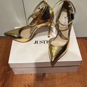Just Fab Metallic Gold Faux Snakeskin Ankle Wrap Pumps!